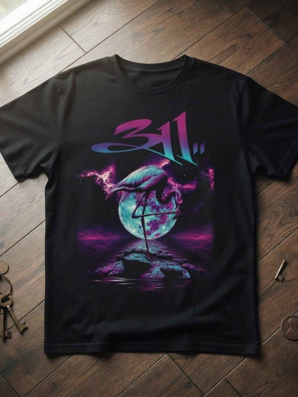 311 Band Synthwave Flamingo Neon Moon Vintage Black T-Shirt